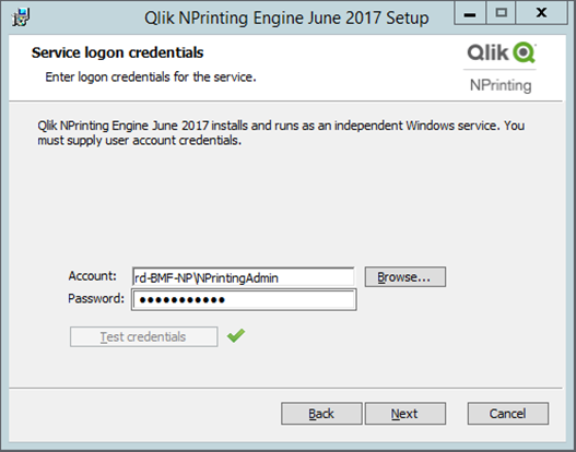 Qlik NPrinting Engine service logon credentials screen with example account info.