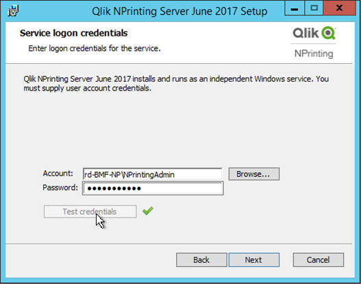 Service logon credentials window with example account name.