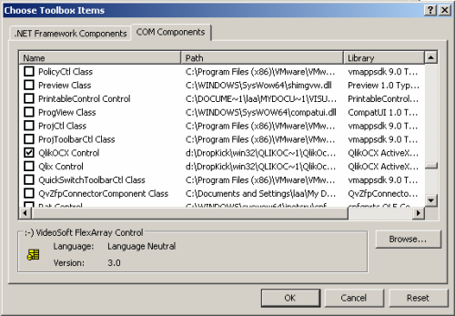 Choose Toolbox Items dialog, COM Components tab, with QlikOCX Control enabled