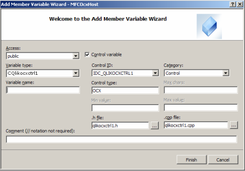 Add Member Variable Wizard, with the Variable Name field highlighted