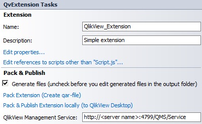 QvExtension Tasks dialog, Pack & Publish section with Generate files checked