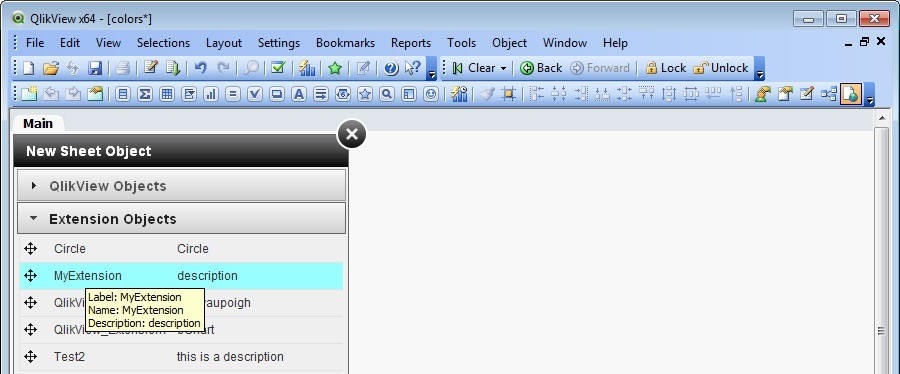 Extension objects pane visible in QlikView Desktop