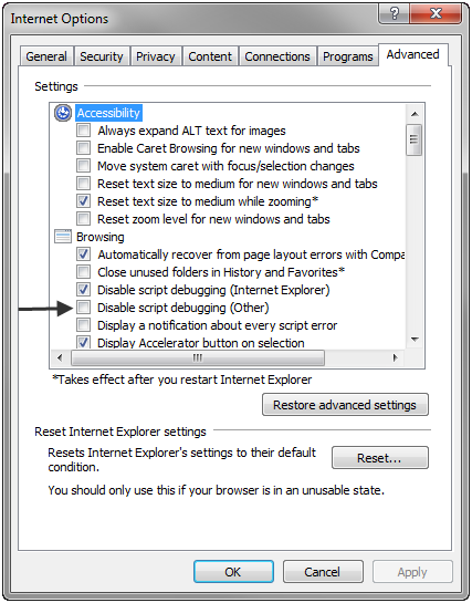 Internet Options dialog with Disable Script Debugging (Other) disabled