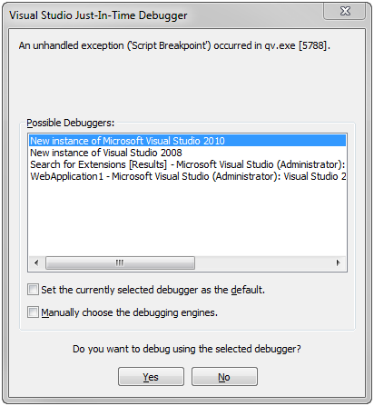 Visual Studio Just-In-Time Debugger popup with selection of debugging applications