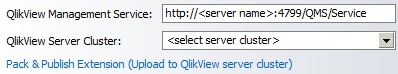 Pack & Publish section, with QlikView Management Service and QlikView Server Cluster options visible
