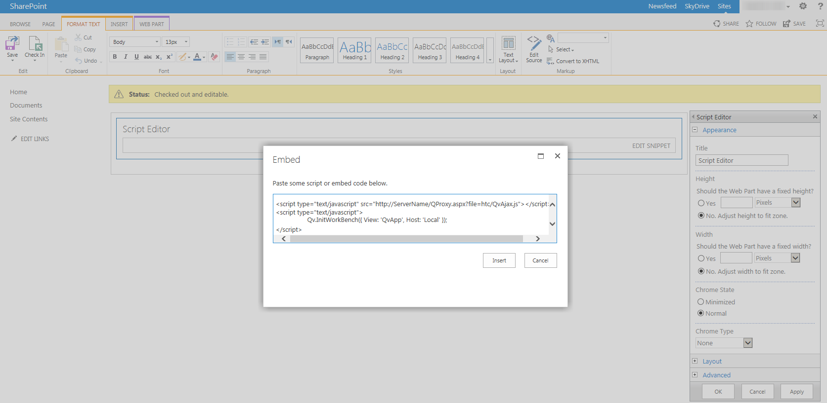 Example embed code in Sharepoint Script Editor