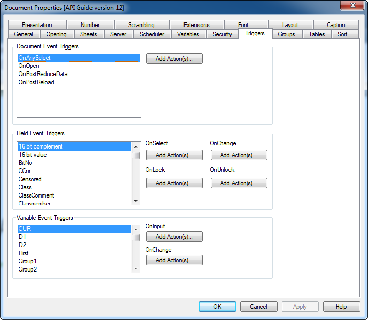 Document Properties dialog, with selected Document Event, Field Event, and Variable Event Triggers