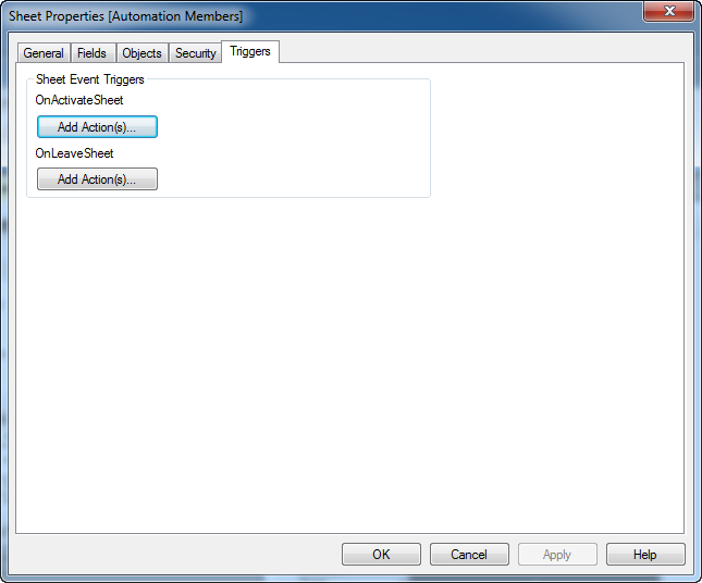 Sheet Properties dialog, Triggers tab