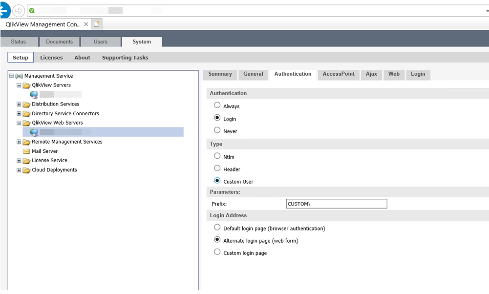 Authentication settings for QlikView Web Server.
