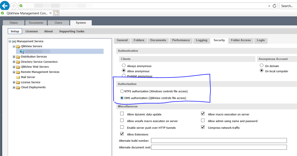 DMS authorization settings in QlikView Management Console.