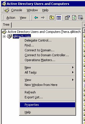The Active Directory Users and Computers window. The Organizational Unit has been right-clicked, and Properties is selected.