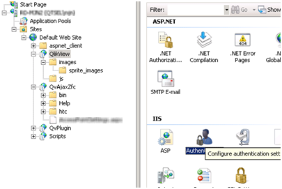 The QlikView folder. Authentication is selected under IIS.