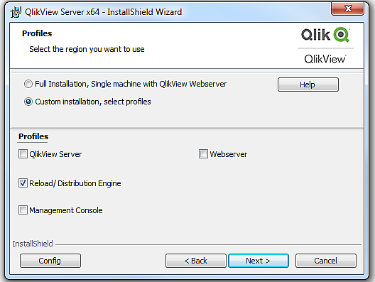 The QlikView Server x64 InstallShield Wizard. Custom Installation and Reload/Distribution Engine are selected.