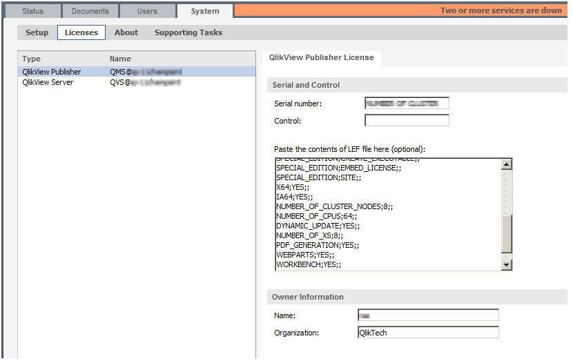 The QMC window, under System > Licenses. QlikView Publisher is selected.