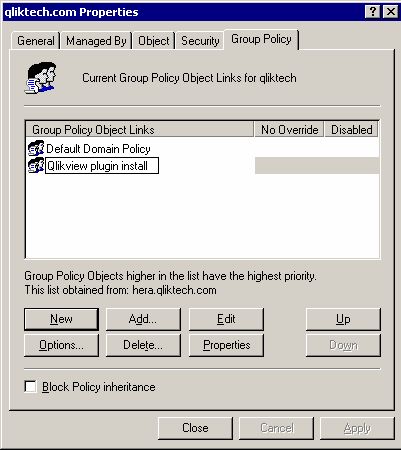 The Group Policy tab. "Qlikvew plugin install" is selected.