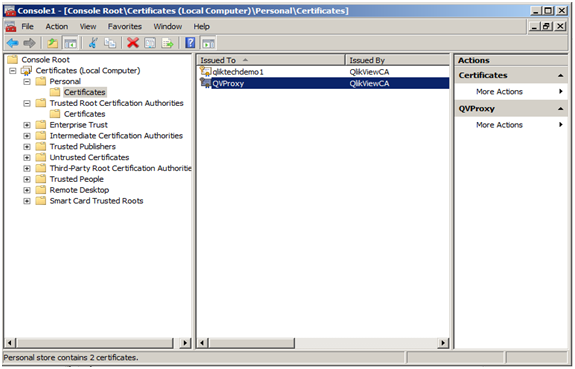 Installed certificates under Console Root > Certificates (Local Computer) > Personal > Certificates.