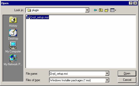 The Open window. Qvpl_setup.msi is selected.