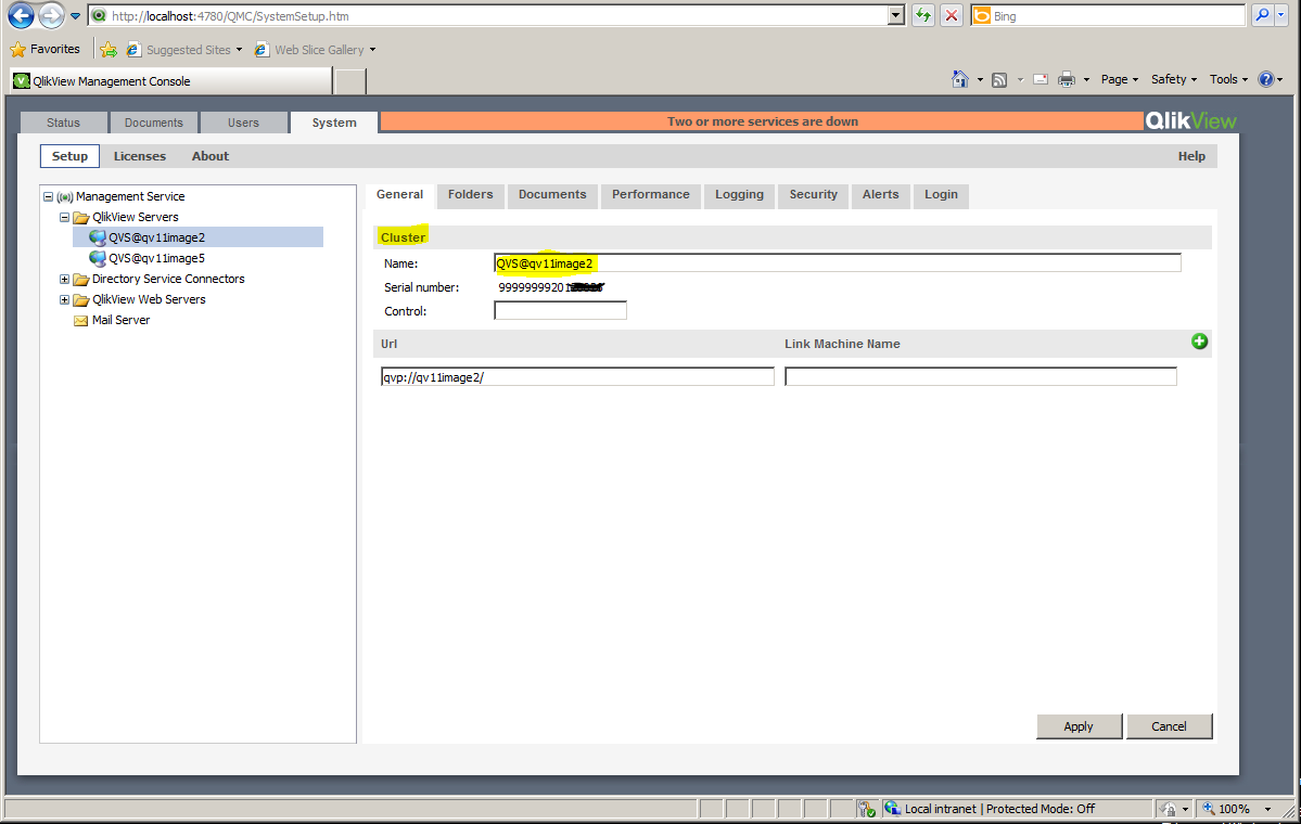 The QMC under System > Setup > QlikView Servers. The first server is selected.