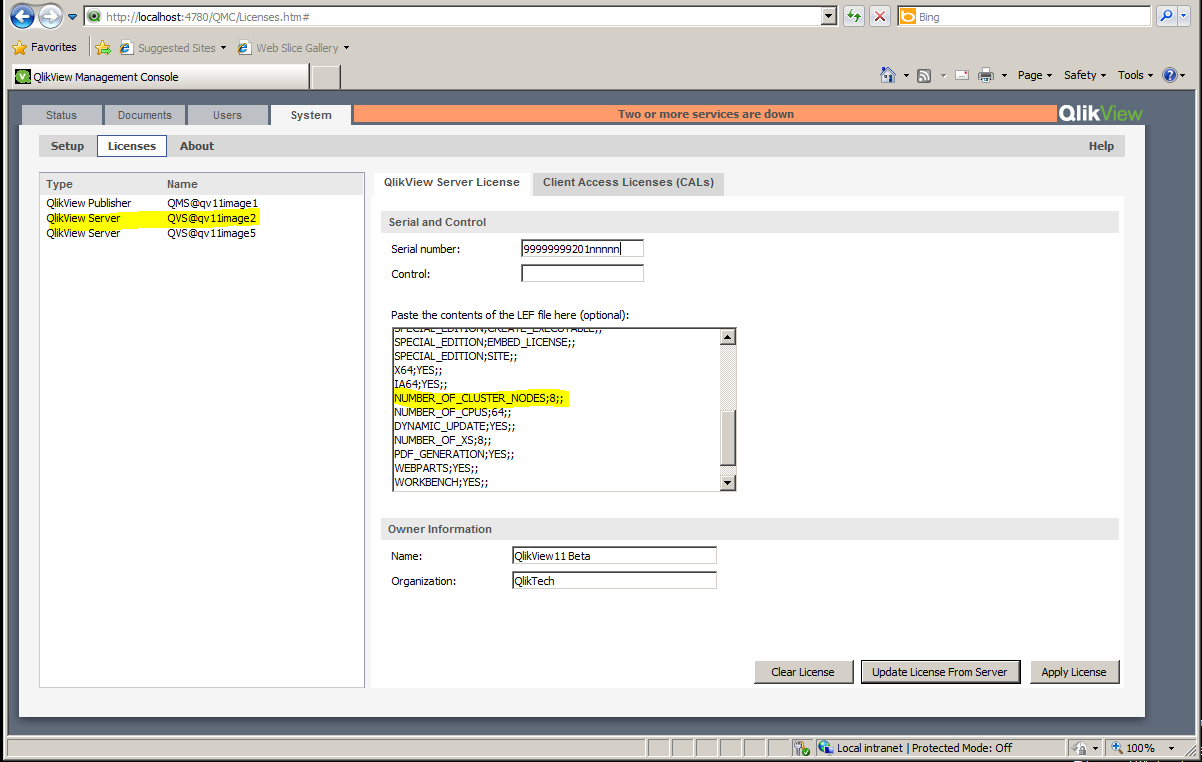 The QMC under System > Licenses. The first QlikView server is selected.