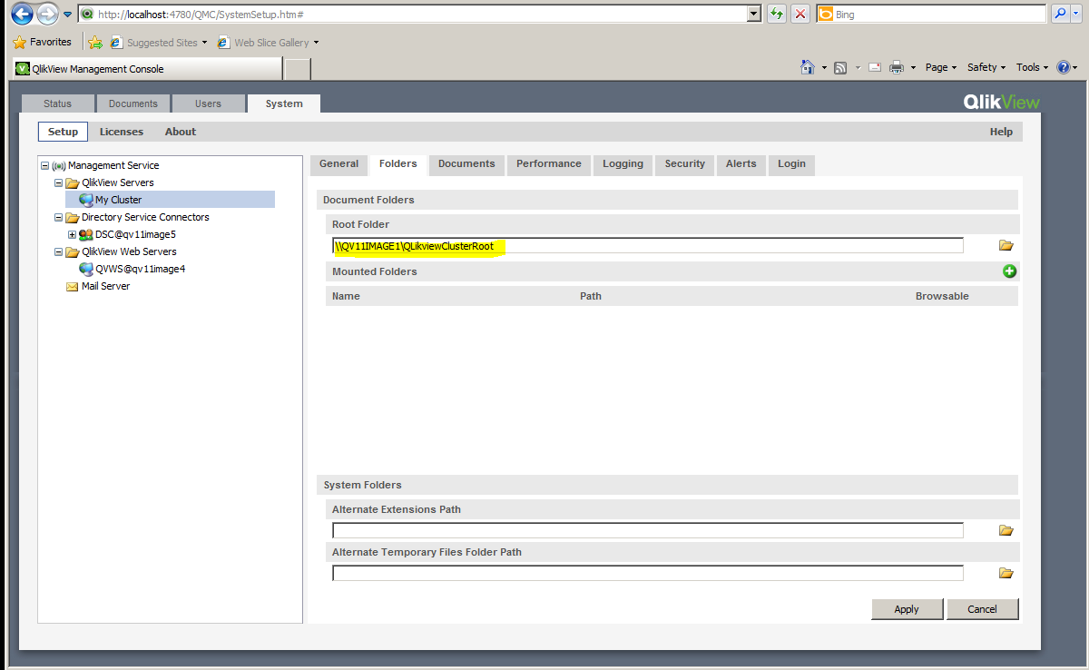 The QMC under System > Setup > QlikView Servers. The QlikviewClusterRoot folder has been designated the Root Folder.