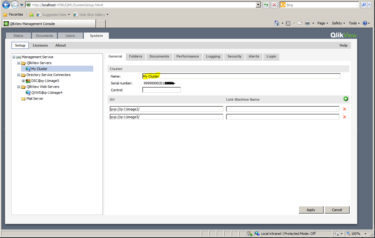 The QMC under System > Setup > QlikView Servers. The cluster has been renamed to My Cluster.