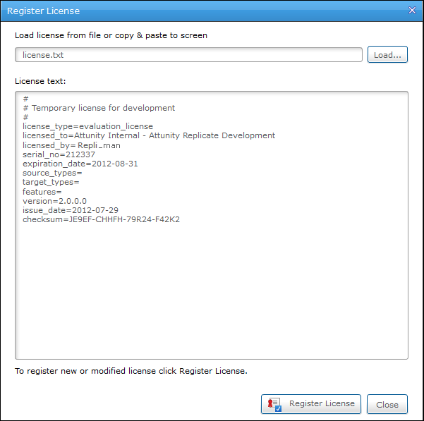 The Register License dialog box. Data from the loaded .txt file is displayed.