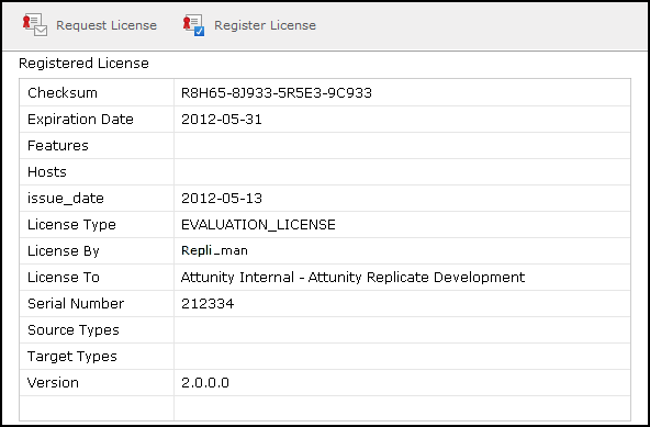 The License tab. Displayed fields include Checksum, Expiration Date, Features, Hosts, issue_date, License Type, License By, License To, Serial Number, Source Types, Target Types, and Version.