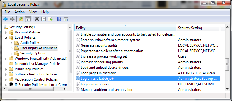 The Local Security Policy Settings with "Log on as a batch job" selected