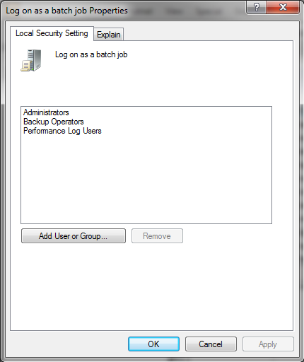 The "Log on as a batch job" Properties window with "Administrators", "Backup Operators", and "Performance Log Users" available as Users and Groups.