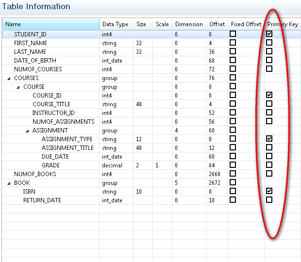 The source table in Attunity Studio with several primary keys checked off and the 'Primary key' column circled