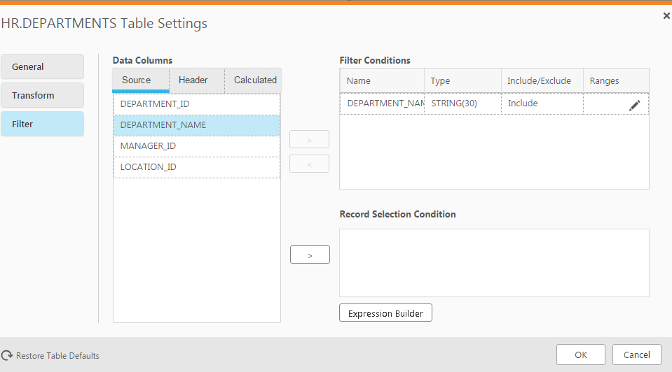 Example Table Settings dialogue with Filter Conditions on the right