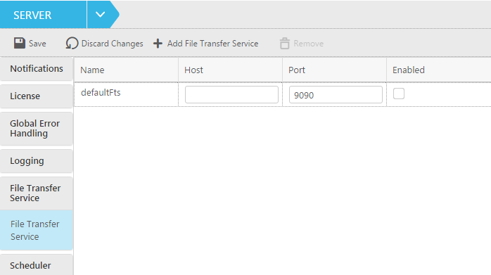 The File Transfer Service tab in the Server view.