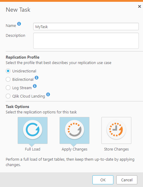 The New Task dialog box. It features a Name and Description field, a choice of Unidirectional, Bidirectional or Log Stream Staging replication profiles, and the Task Options of Full Load, Apply Changes, and Store Changes.