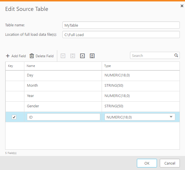 The Edit Source Table interface. It contains fields for "Table name" and "Location of full load data file(s)". Fields can be added, removed, and reordered using interface buttons. The fields can be modified by assigning a Key, Name, and Type.