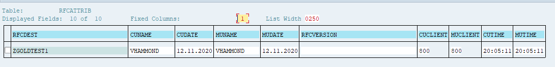 Data browser showing RFCATTRIB table