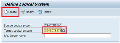 The Define Logical System tab. Contains fields for the Source Logical system, Target Logical system, and RFC Server name.