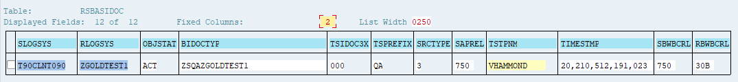 Data browser showing RSBASIDOC table