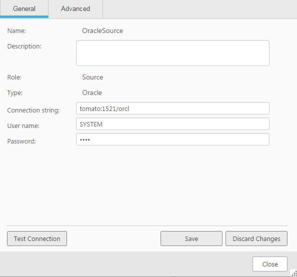 The General tab of the Oracle source database.