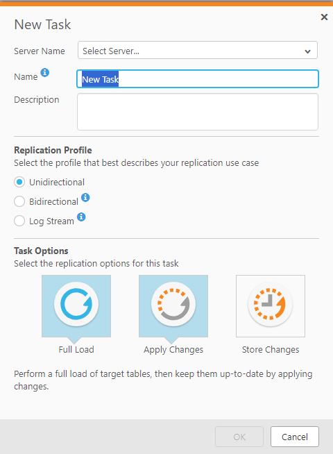 The New Task dialog box. It features a Name and Description field, a choice of Unidirectional, Bidirectional or Log Stream Staging replication profiles, and the Task Options of Full Load, Apply Changes, and Store Changes.