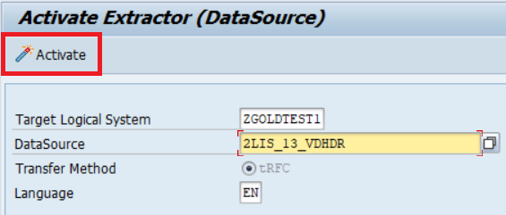 The Activate Extractor tab. Contains fields for Target Logical System, DataSource, Transfer Method, and Language.