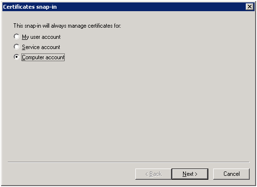 The Certificates snap-in window. "Computer account" is selected.
