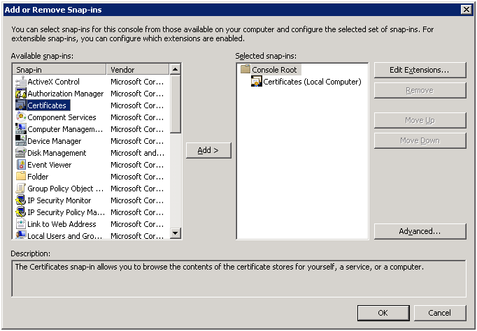 The Add or Remove Snap-ins window, with Certificates (Local Computer) added on the right. "Certificates" is selected on the left.