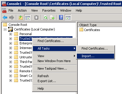 The Console1 window. The Trusted Root Certification Authorities folder has been right-clicked, and All Tasks, then Import is selected.