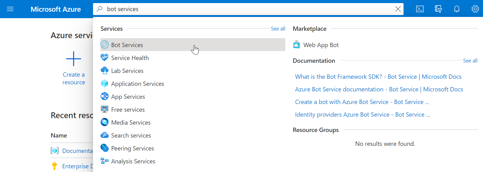 Azure search bar for bot services