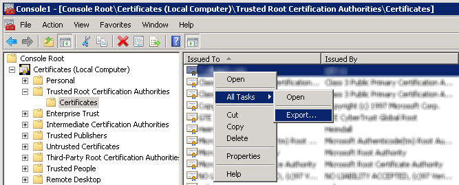 The Console1 window. The Certificates (Local Computer > Trusted Root Certification Authorities > Certificates folder is expanded. A certificate has been right-clicked, and All Tasks > Export is selected.
