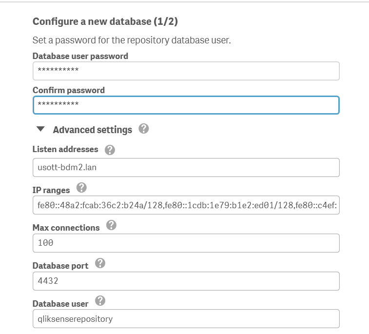 Window 1 of 2 for configure new database