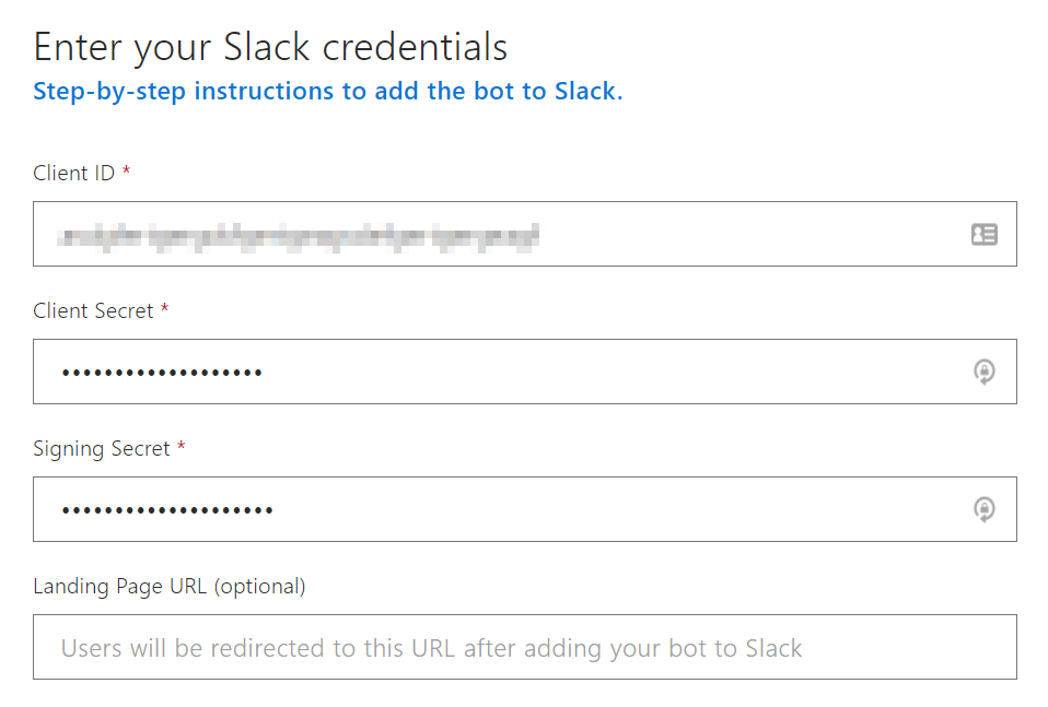 Azure Slack bot credentials page