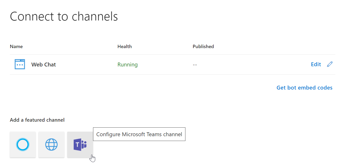 From Azure bot menu, select Team from feature channel