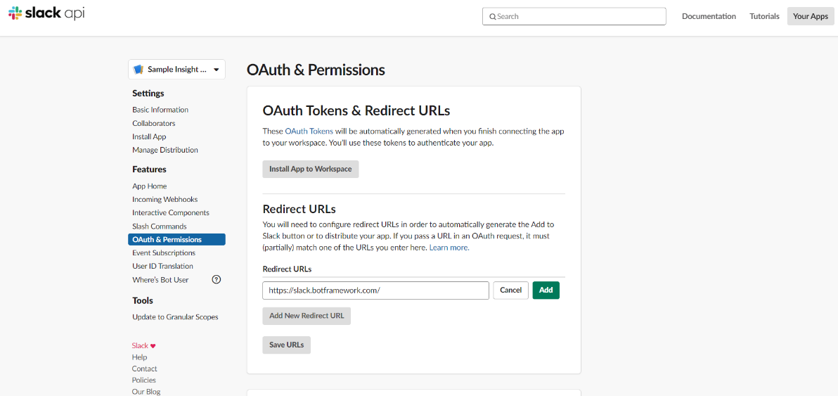 Slack API OAuth path with redirect URL field