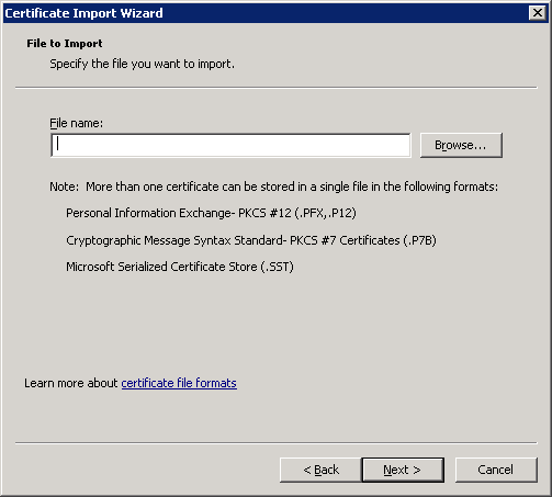 The Certificate Import Wizard's File to Import screen.